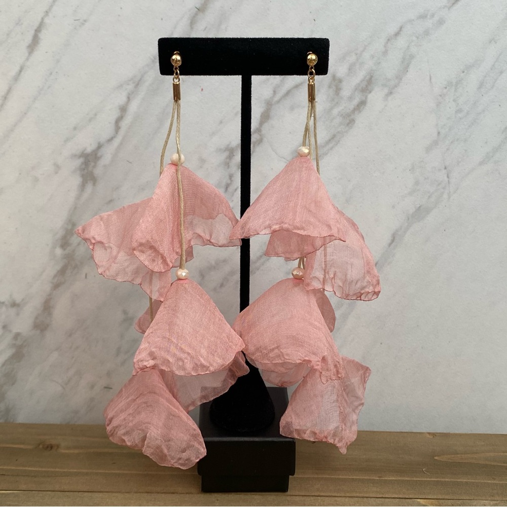 Bohemian Long Pale Pink Flower Tassel Earrings - Picture 3 of 14